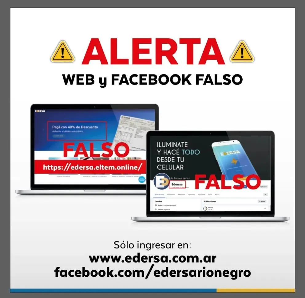 Los url clonados:  La Web clonada es edersa.eltem.online , y la red social es Ederssa, con dos “s”. Foto (Edersa).