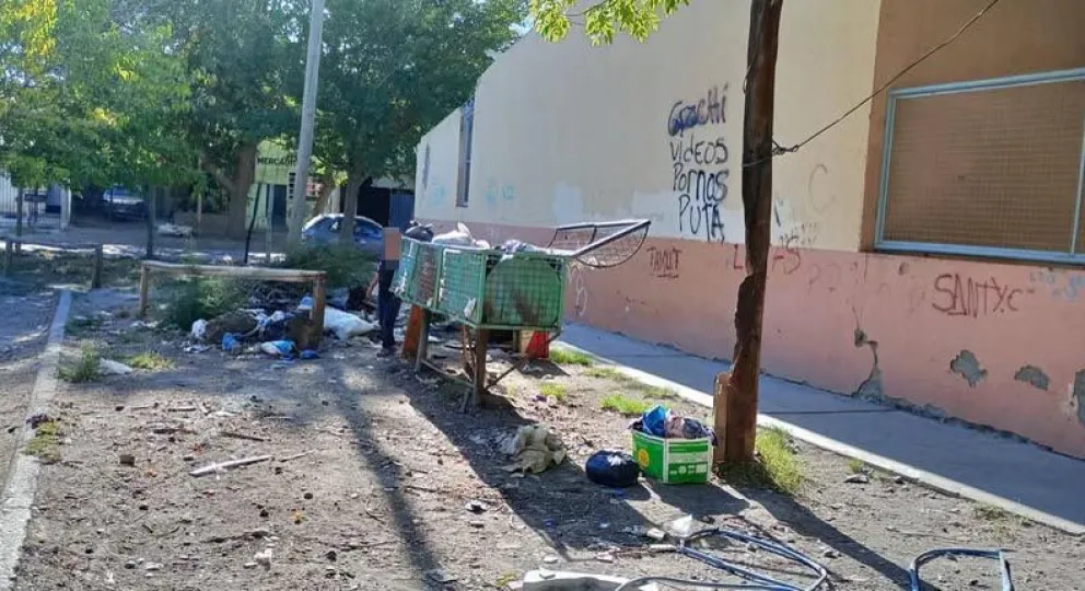 Los residuos se encuentran entre la vereda de calle Ranqueles y el patio trasero de la escuela 279.