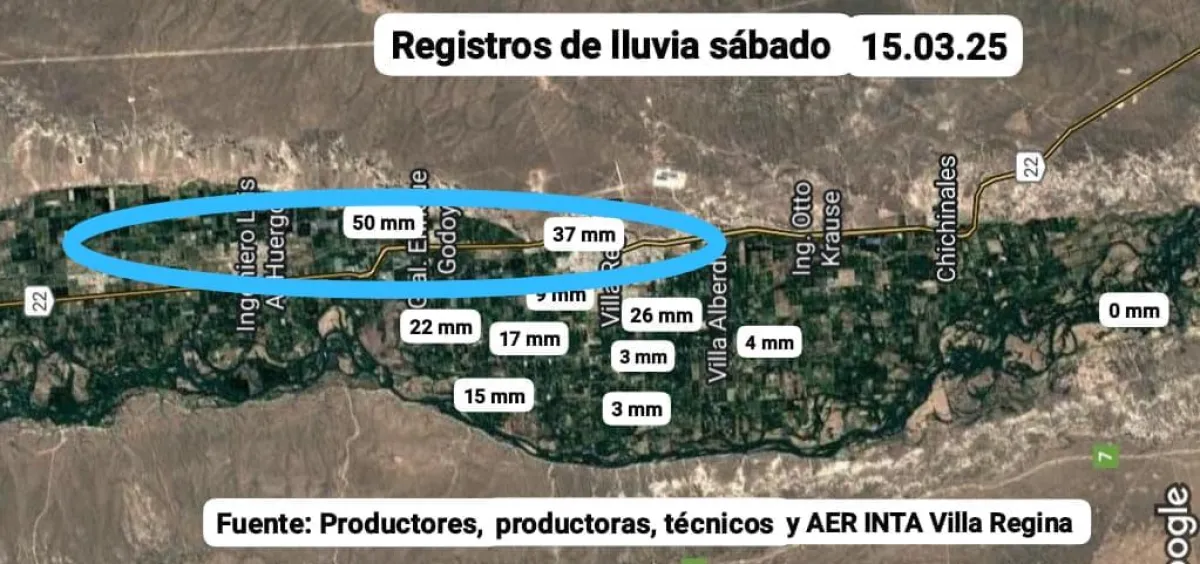 Una manga ubicada entre Huergo y Godoy fue donde cay&oacute; m&aacute;s mil&iacute;metros de agua (Fuente Inta Villa Regina)