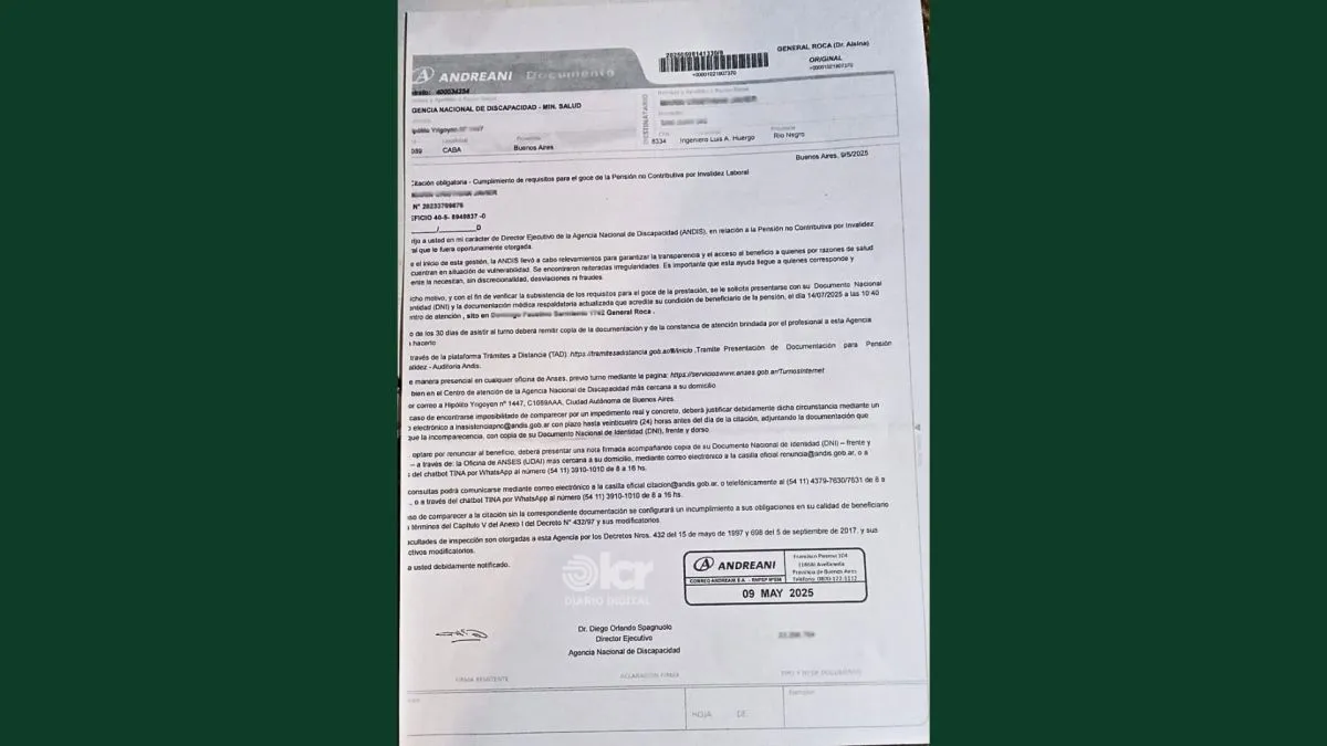 Carta documento que recibi&oacute; un beneficiario de la pensi&oacute;n no contributiva. 