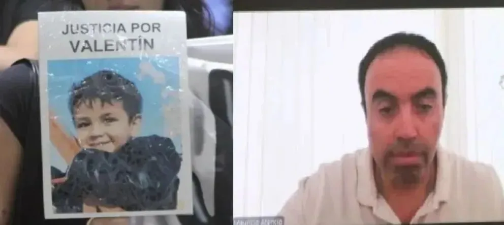 A la izquierda, una imagen de Valentín Mercado Toledo sostenida por sus familiares durante una movilización. A la derecha, Mauricio Atencio Krause, anestesista imputado. Foto (Tania Domenicucci-ANR).