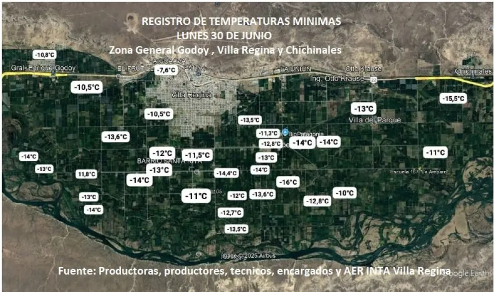 El registro m&aacute;s bajo estuvo en la chacra N&ordm;75 (a un kil&oacute;metro hacia el sur de Villa Alberdi) con -16&ordm;C a la salida del sol. En Chichinales fue de -15,5&ordm;C en la chacra N&ordm;9, y en Godoy -14&ordm;C en la chacra N&ordm;147 (imagen gentileza INTA VR).