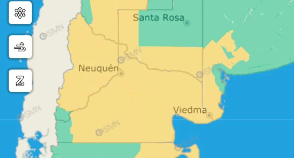 EL Servicio Meteorológico Nacional adelantó posibles tormentas para gran parte del territorio de Río Negro y Neuquén. Imagen SMN