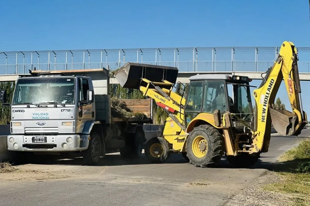 En Huergo se retiraron malezas de la colectora sur en un plan de intervención que abarcará diferentes tramos de la Ruta Nacional N° 22. Foto: gentileza