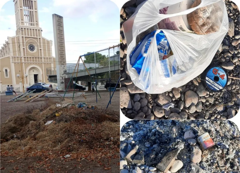 Las fotos de las ramas y residuos en la plaza datan de fines de marzo. En tanto, en la Isla fueron tomadas en los últimos días. Fotos gentileza.