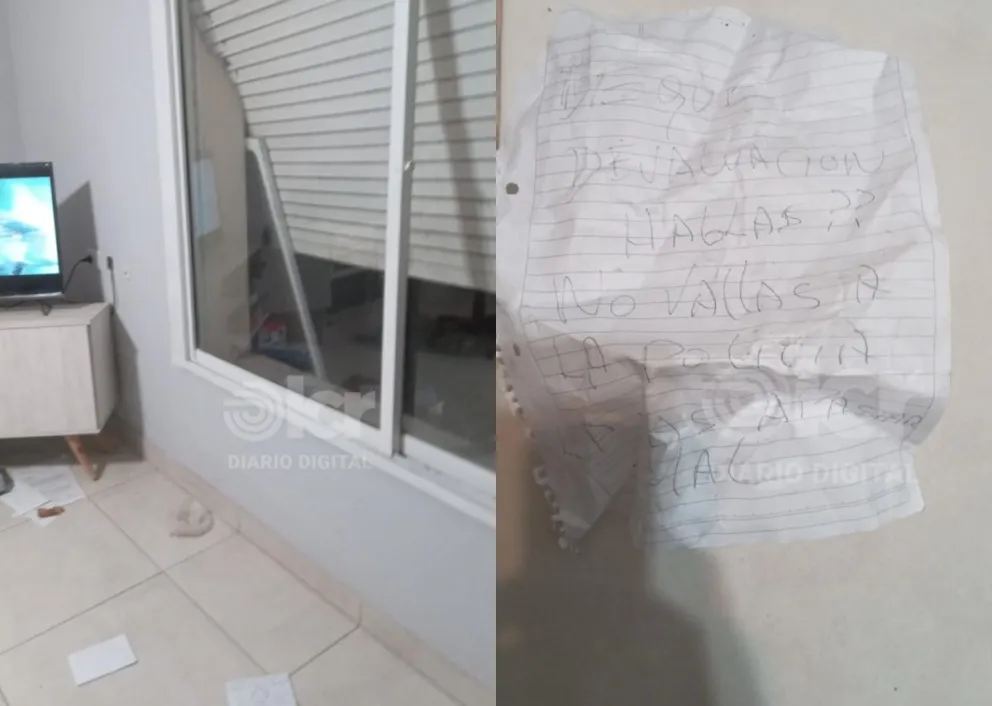 No hubo robo. Luego de romper la ventana y dejar la nota, se fueron. Fotos gentileza.