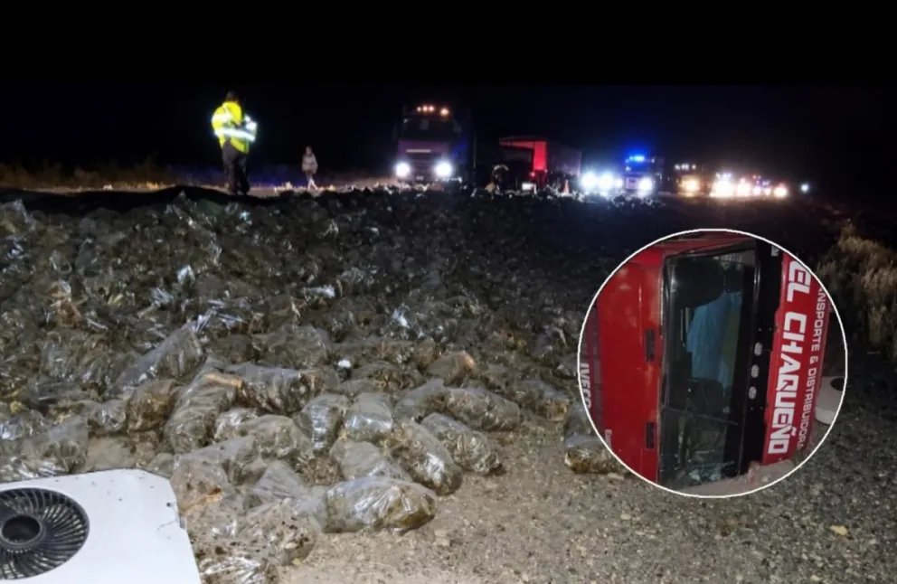 El vuelco del camión Iveco ocurrió cerca de las 19,30 en el Km 1116 de la Ruta 22. Foto Policía RN.