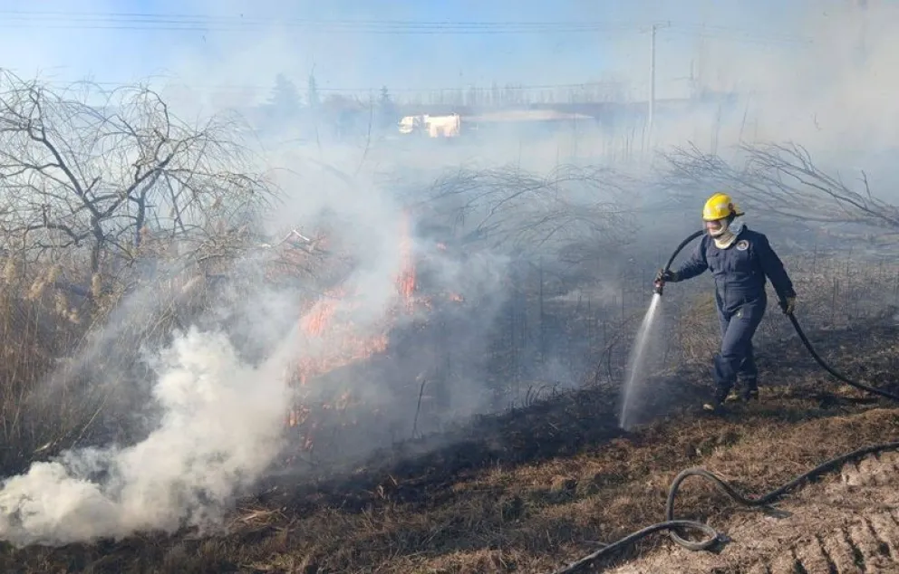 Dos dotaciones de bomberos de Godoy intervino para controlar la quema de pastos. Fotos: gentileza