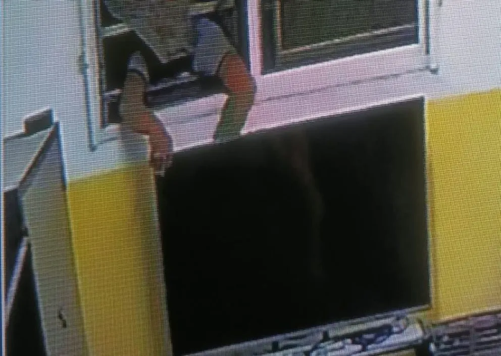 Tras violentar un tejido y abrir la venta un hombre quiso robar un televisor del interior de la ESRN N° 34 de Huergo hoy a la madrugada. Foto: captura de video