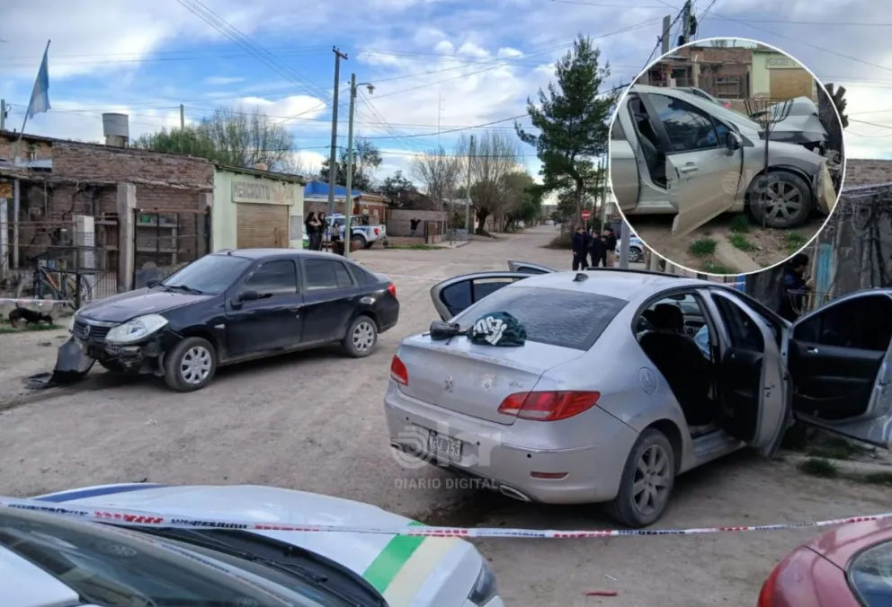 La persecución del Peugeot 408 comenzó en calle Los Nogales y finalizó en la zona urbana de Huergo tras impactar contra un auto estacionado. Foto gentileza.
