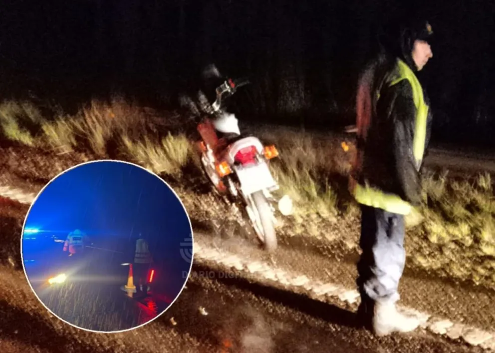 El despiste de la moto Mondial de 150 cc. ocurrió a las 20,50 h en el Km 1120 de la Ruta 22. Fotos gentileza.